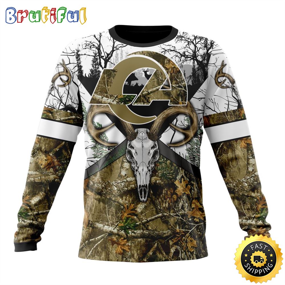 NFL Los Angeles Rams Crewneck Sweatshirt Deer Skull And Forest Pattern Represent Your Team 1 ezg3of