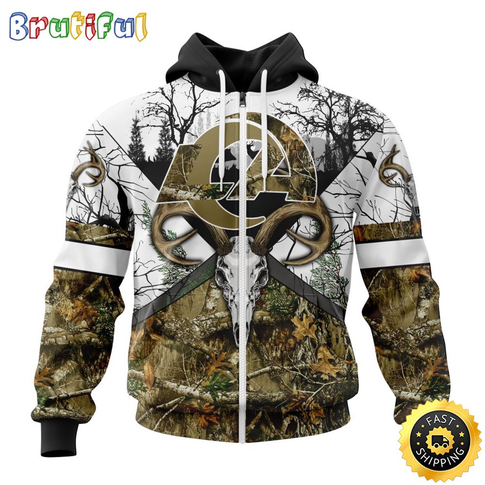 NFL Los Angeles Rams Zip Hoodie 3D All Over Print Deer Skull And Forest Pattern Custom Name And Number Hoodie 1 jrrnzh