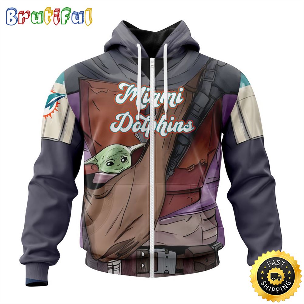 NFL Miami Dolphins All Over Print Zip Hoodie 3D Specialized Mandalorian And Baby Yoda Unisex Hoodies 1 axb0ay