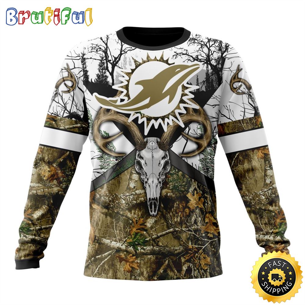 NFL Miami Dolphins Crewneck Sweatshirt Deer Skull And Forest Pattern Represent Your Team 1 scnwwd