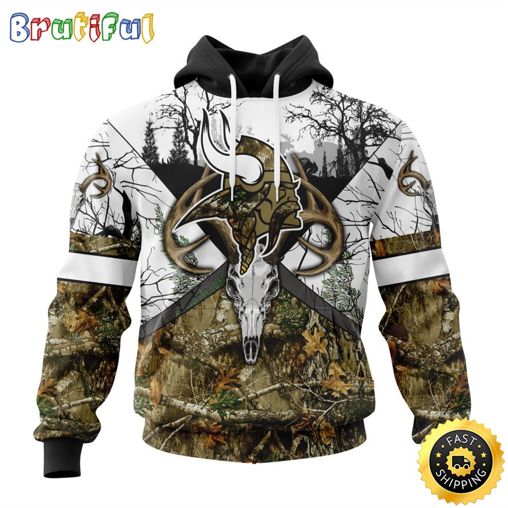 NFL Minnesota Vikings 3D Hoodie All Over Print Deer Skull And Forest Pattern Custom Name And Number Hoodie 1 hi9dvz