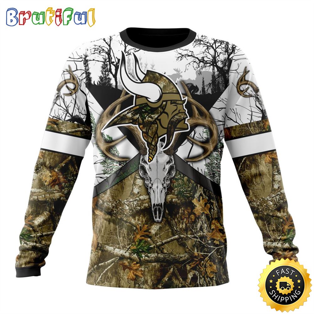 NFL Minnesota Vikings Crewneck Sweatshirt Deer Skull And Forest Pattern Represent Your Team 1 gmyghf