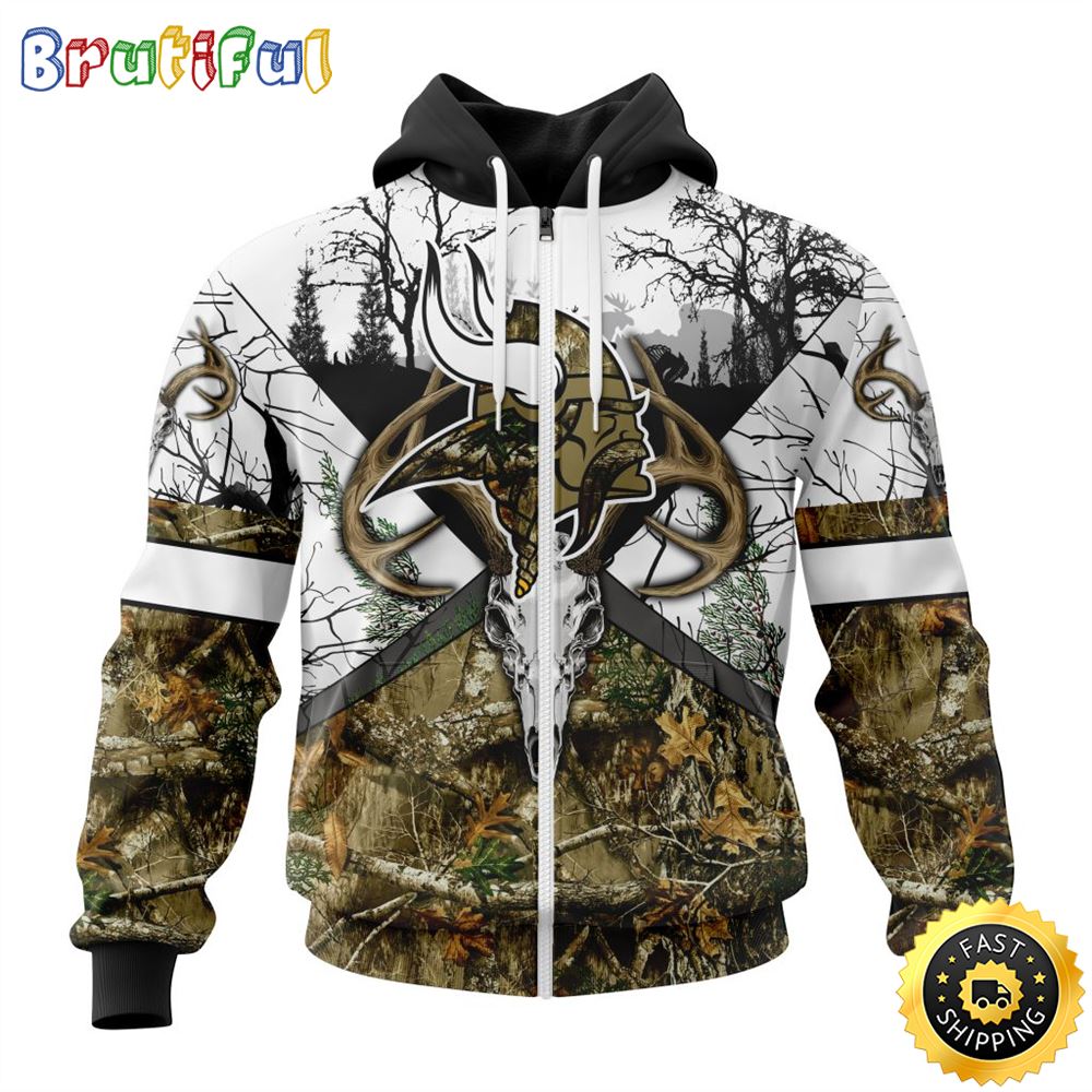 NFL Minnesota Vikings Zip Hoodie 3D All Over Print Deer Skull And Forest Pattern Custom Name And Number Hoodie 1 cmmxlk