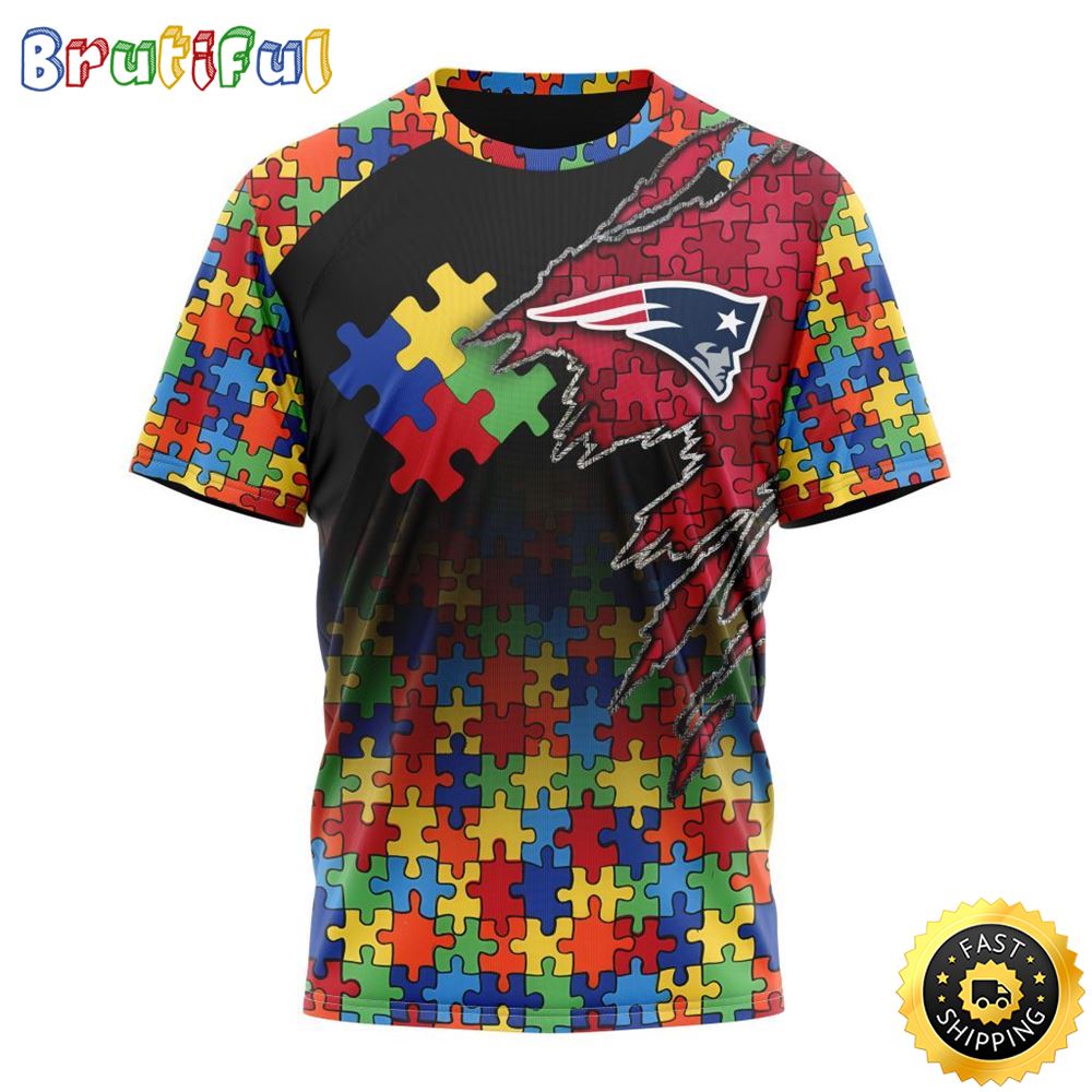 NFL New England Patriots All Over Print 3D T Shirt Autism Awareness Design Gifts For Survivors 1 w04ecz