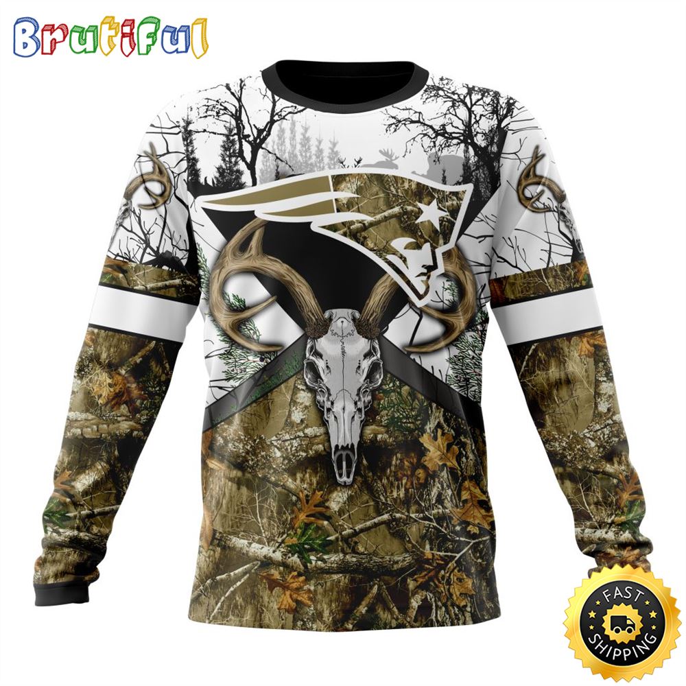 NFL New England Patriots Crewneck Sweatshirt Deer Skull And Forest Pattern Represent Your Team 1 x4jdtv