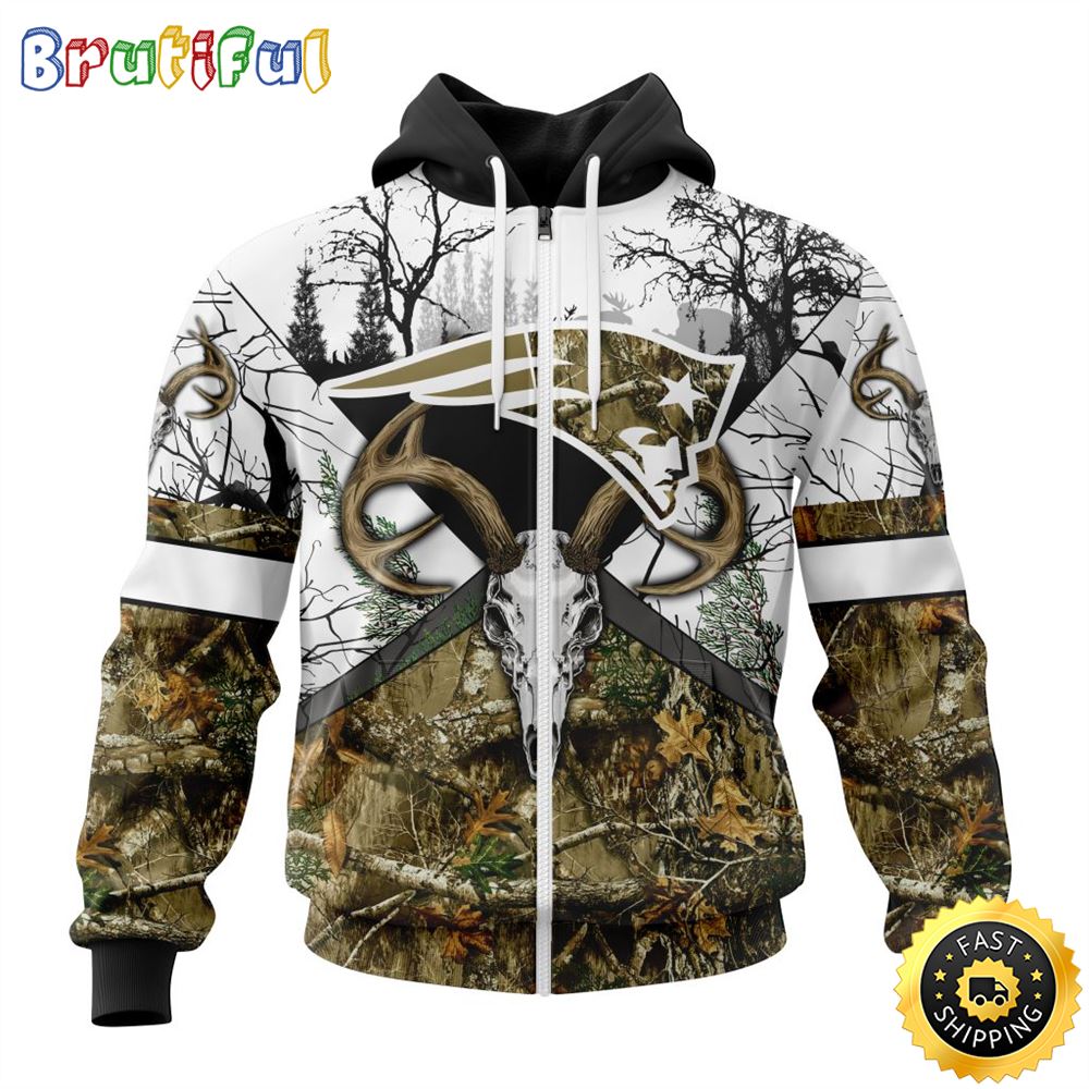 NFL New England Patriots Zip Hoodie 3D All Over Print Deer Skull And Forest Pattern Custom Name And Number Hoodie 1 by8yed