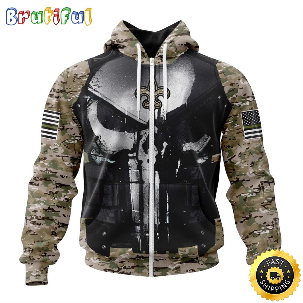 NFL New Orleans Saints Zip Hoodie 3D All Over Print Punisher Skull Camo Veteran Kits Custom Name And Number Hoodie 1 schduq