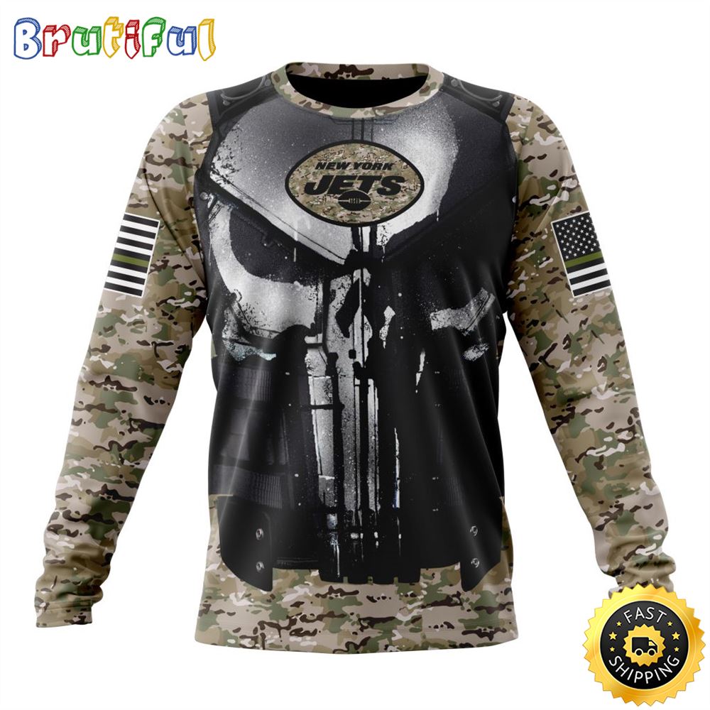 NFL New York Jets Crewneck Sweatshirt Punisher Skull Camo Veteran Kits Represent Your Team 1 j55nwj