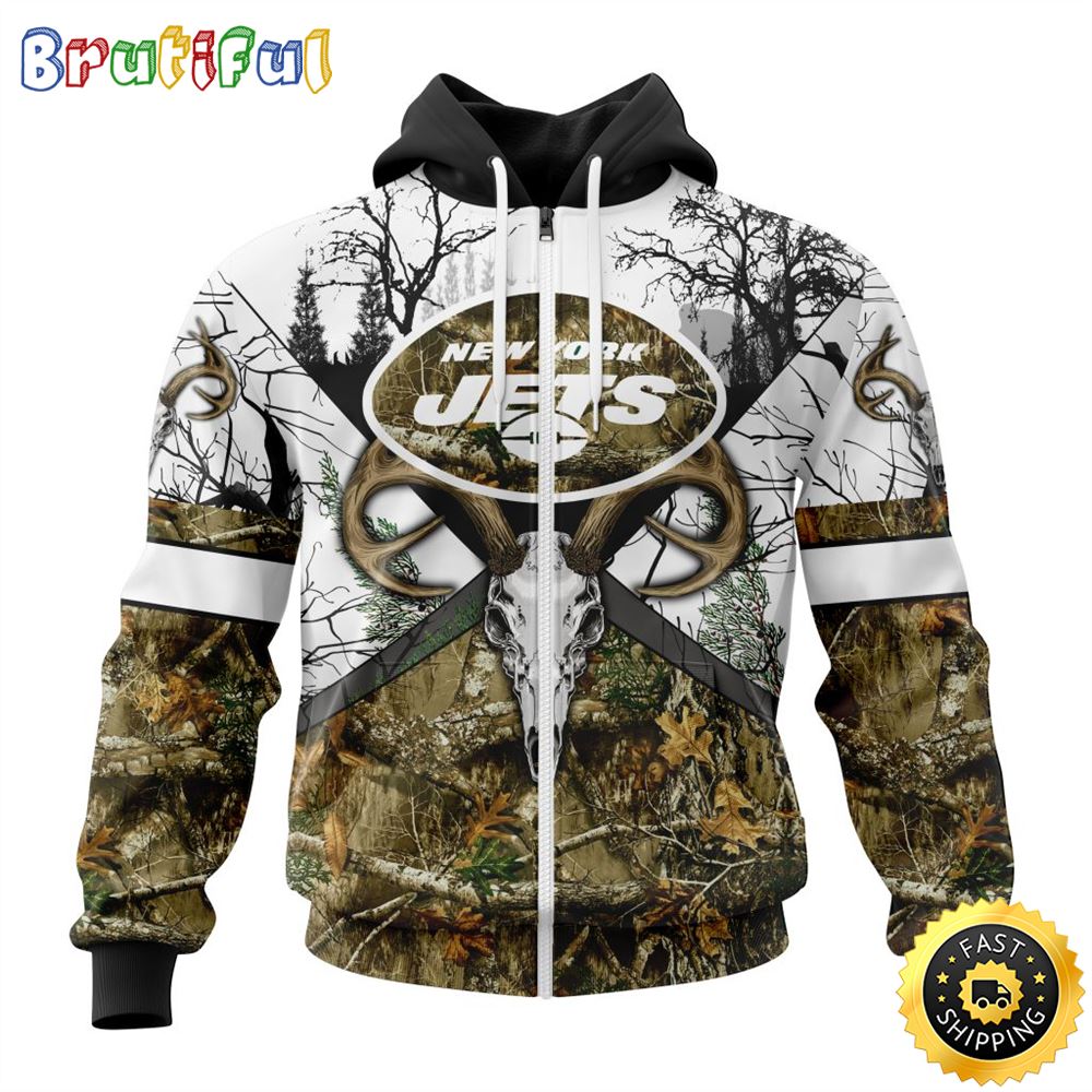 NFL New York Jets Zip Hoodie 3D All Over Print Deer Skull And Forest Pattern Custom Name And Number Hoodie 1 rzrz4o