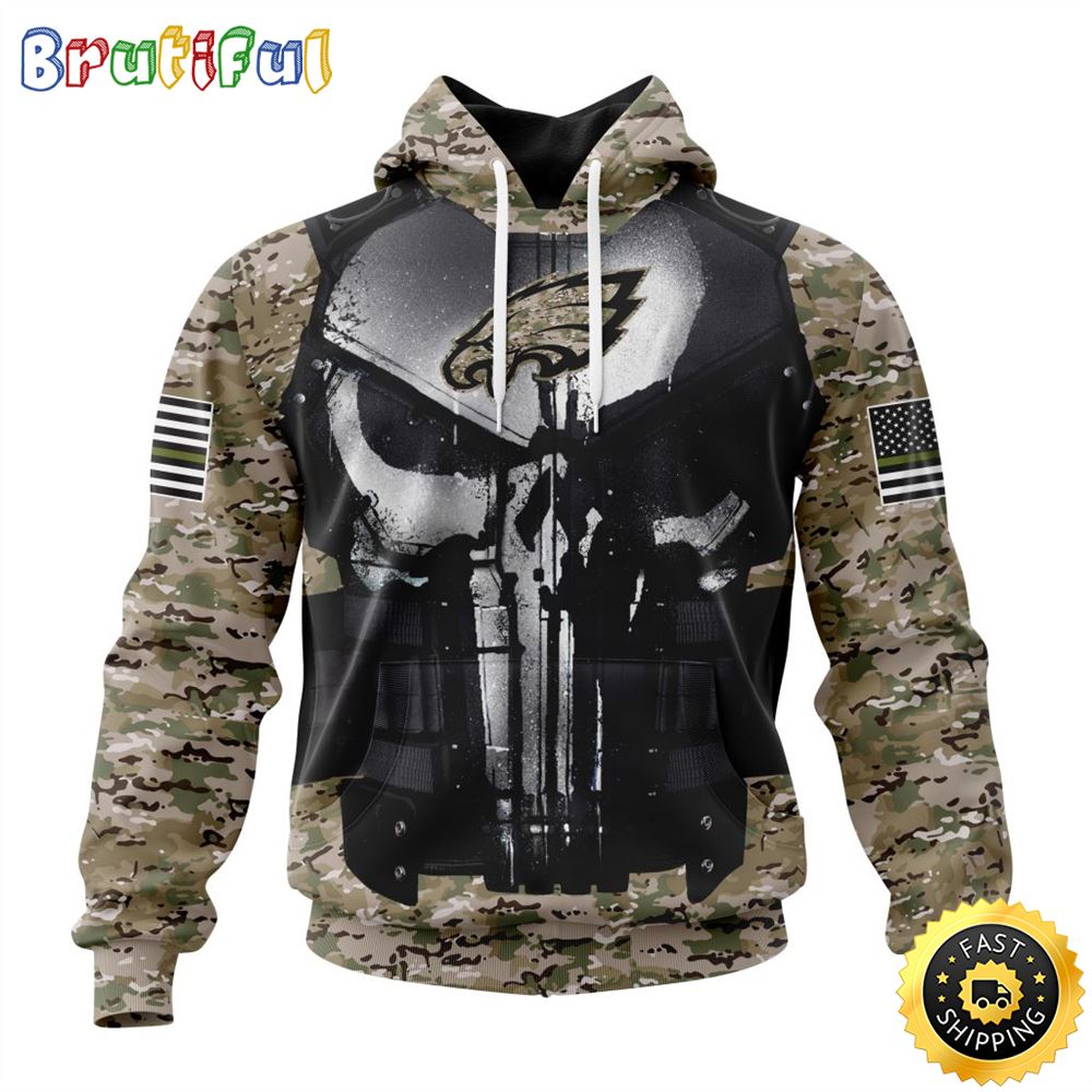 NFL Philadelphia Eagles 3D Hoodie All Over Print Punisher Skull Camo Veteran Kits Custom Name And Number Hoodie 1 evu067