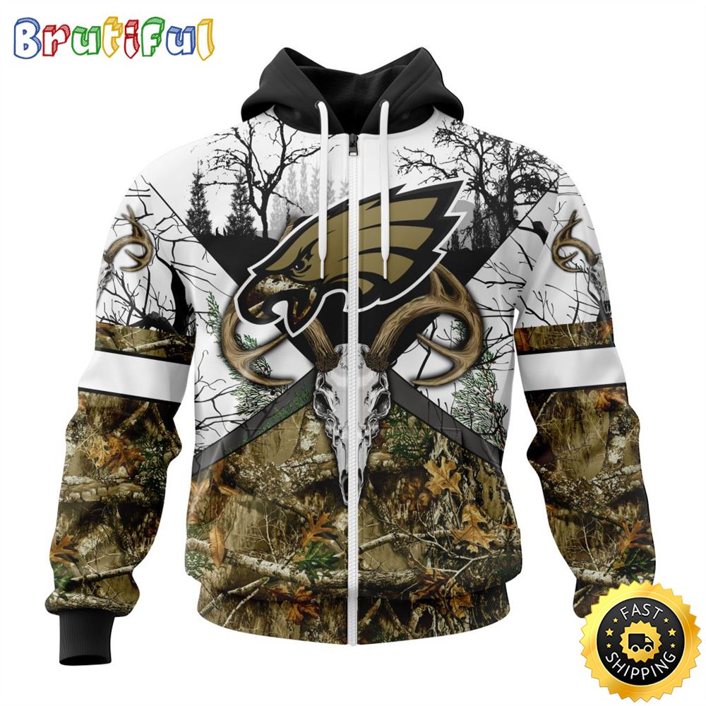 NFL Philadelphia Eagles Zip Hoodie 3D All Over Print Deer Skull And Forest Pattern Custom Name And Number Hoodie 1 wqpibd