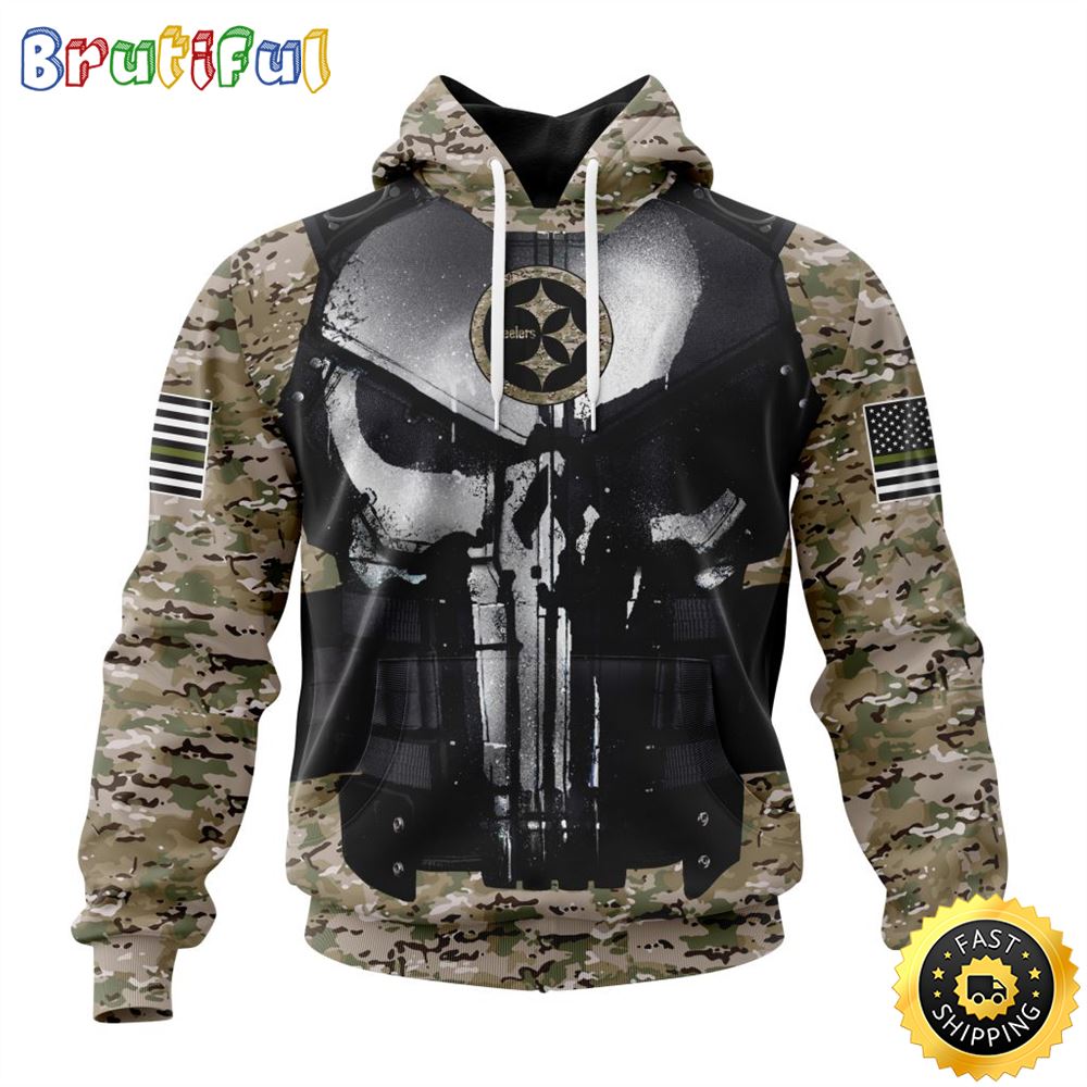 NFL Pittsburgh Steelers 3D Hoodie All Over Print Punisher Skull Camo Veteran Kits Custom Name And Number Hoodie 1 jk26ln