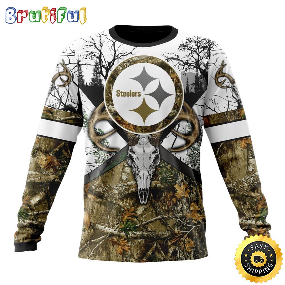 NFL Pittsburgh Steelers Crewneck Sweatshirt Deer Skull And Forest Pattern Represent Your Team 1 m9jtms