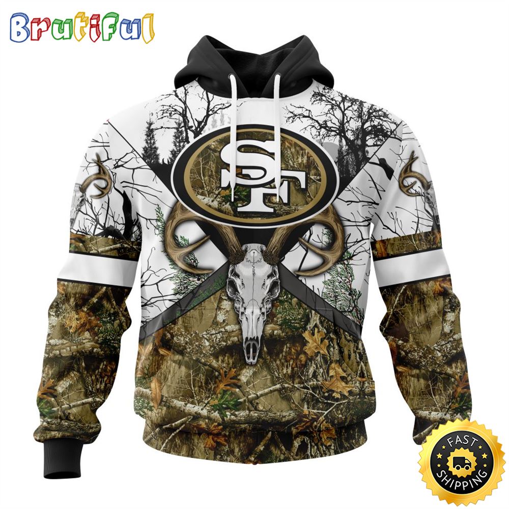 NFL San Francisco 49ers 3D Hoodie All Over Print Deer Skull And Forest Pattern Custom Name And Number Hoodie 1 yvmh10