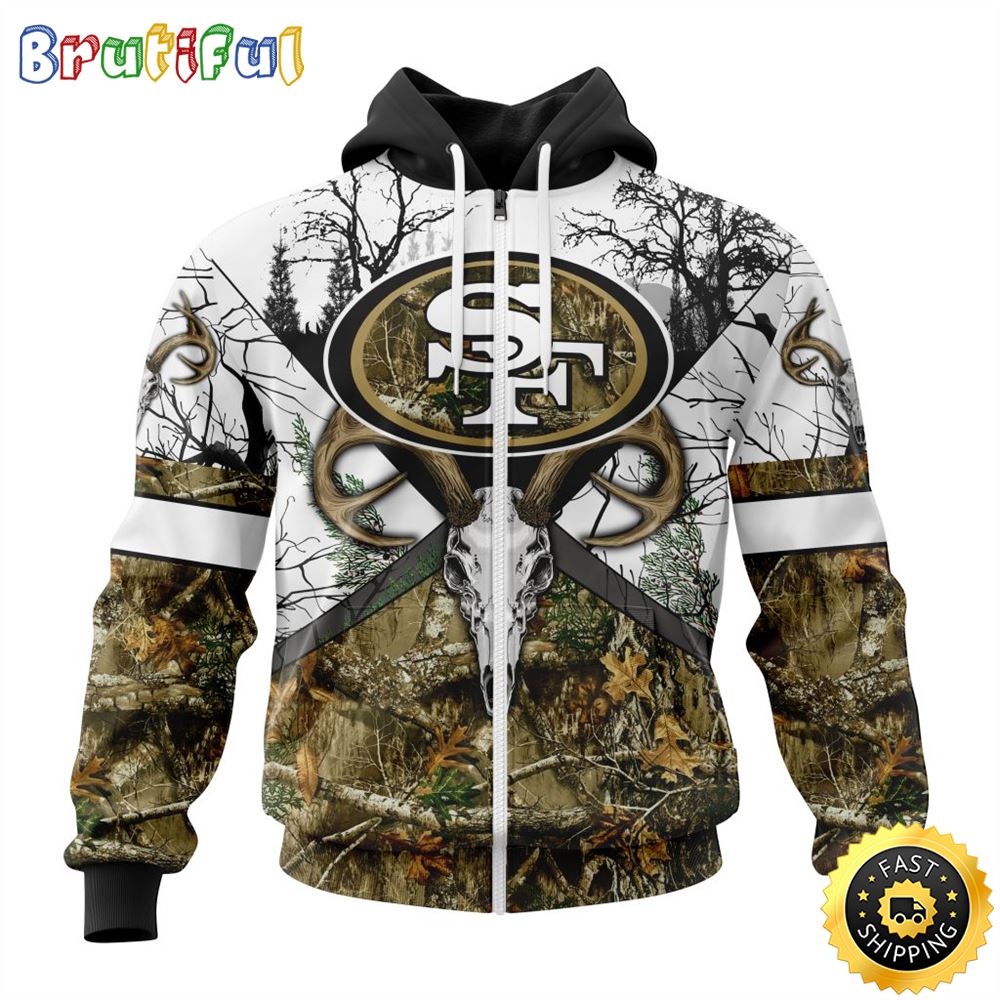 NFL San Francisco 49ers Zip Hoodie 3D All Over Print Deer Skull And Forest Pattern Custom Name And Number Hoodie 1 zbizav