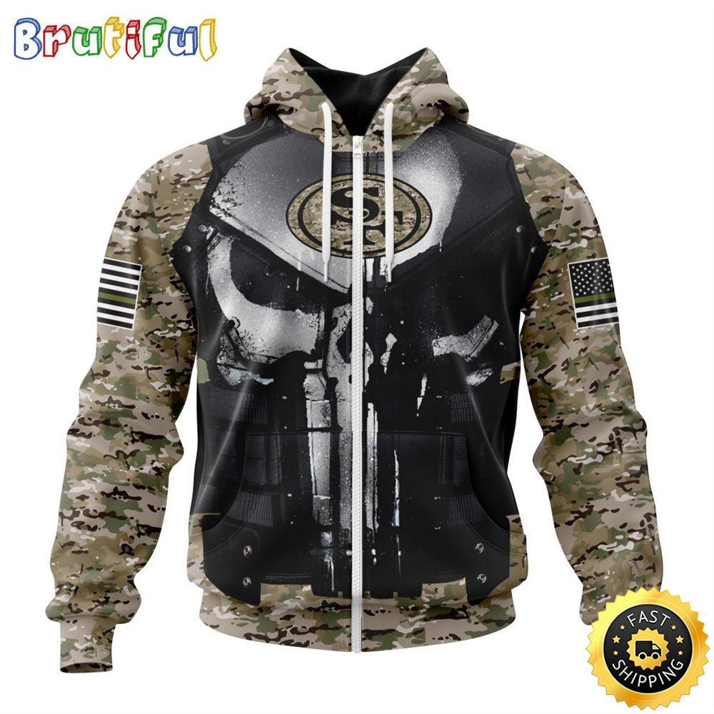NFL San Francisco 49ers Zip Hoodie 3D All Over Print Punisher Skull Camo Veteran Kits Custom Name And Number Hoodie 1 eqdopp