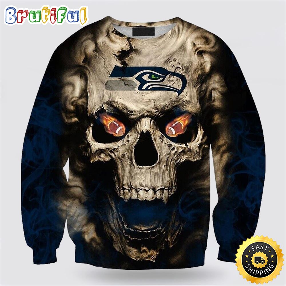 NFL Seattle Seahawks Crewneck Sweatshirt Skull Halloween Show Team Spirit cio3yz