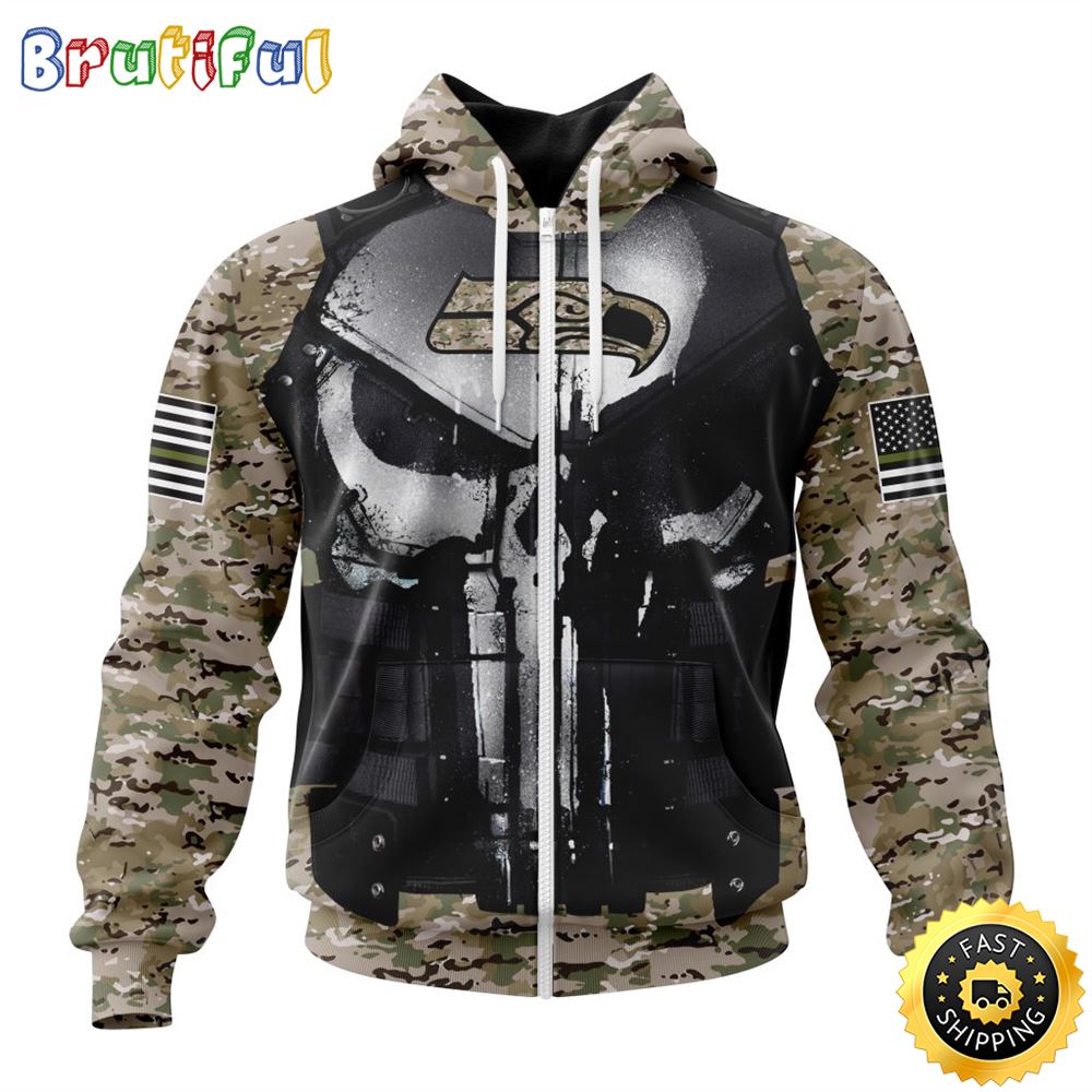 NFL Seattle Seahawks Zip Hoodie 3D All Over Print Punisher Skull Camo Veteran Kits Custom Name And Number Hoodie 1 hjawiv
