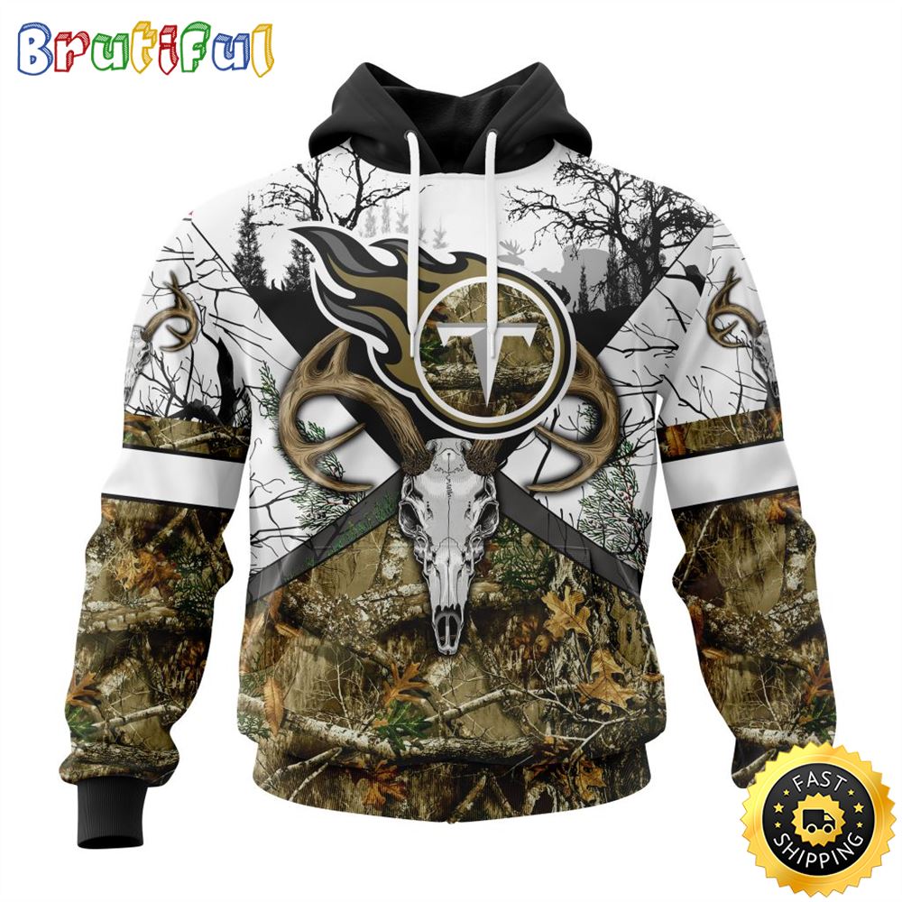 NFL Tennessee Titans 3D Hoodie All Over Print Deer Skull And Forest Pattern Custom Name And Number Hoodie 1 xu4daq