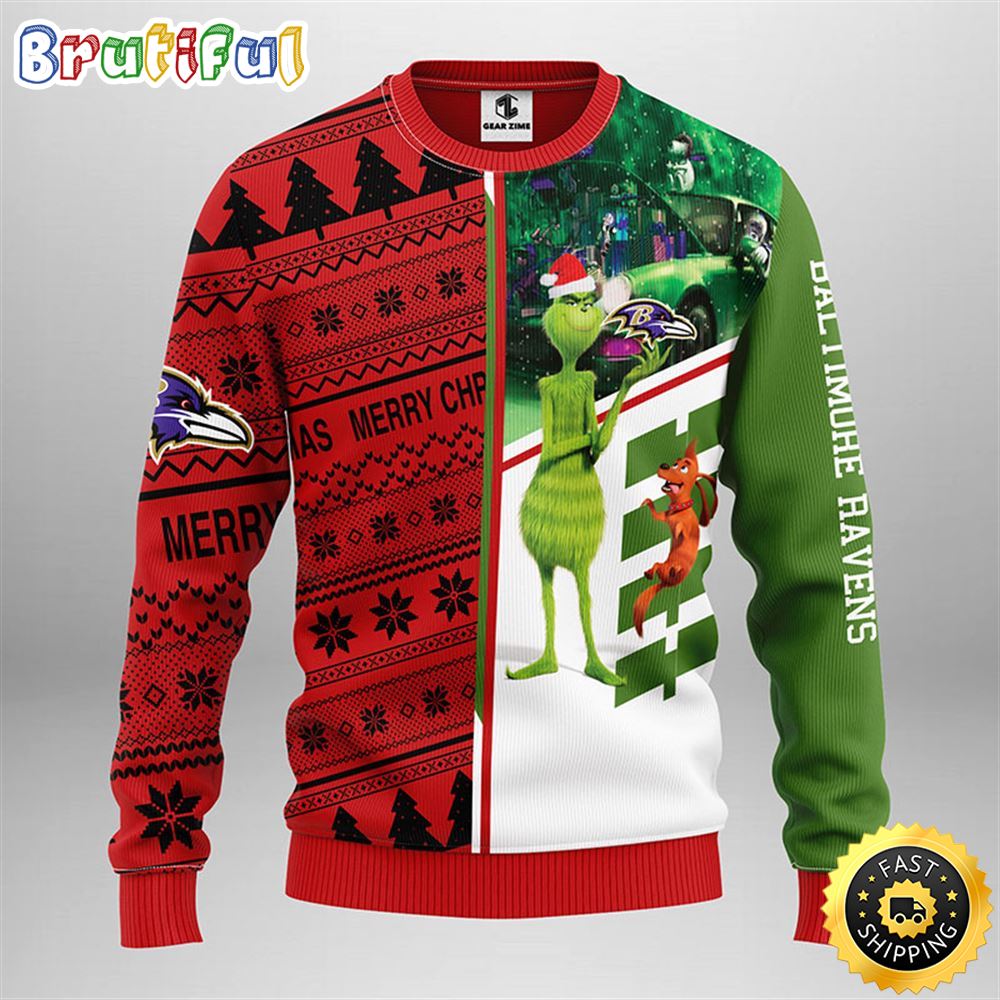 Baltimore Ravens Christmas Ugly Sweater Grinch And Scooby Doo Show Your Team Spirit 1 lyrmxg