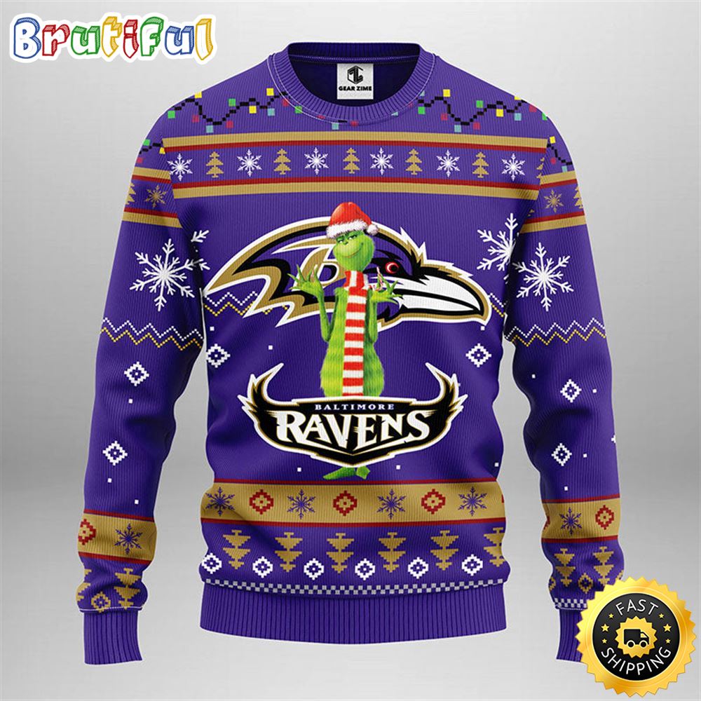 Baltimore Ravens Christmas Ugly Sweater Print Funny Grinch Show Your Team Spirit 1 bjckmx