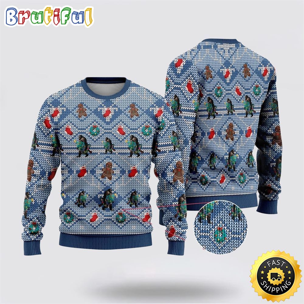 Bigfoot Christmas Blue Pattern Ugly Christmas Sweater 1 zxsgsg