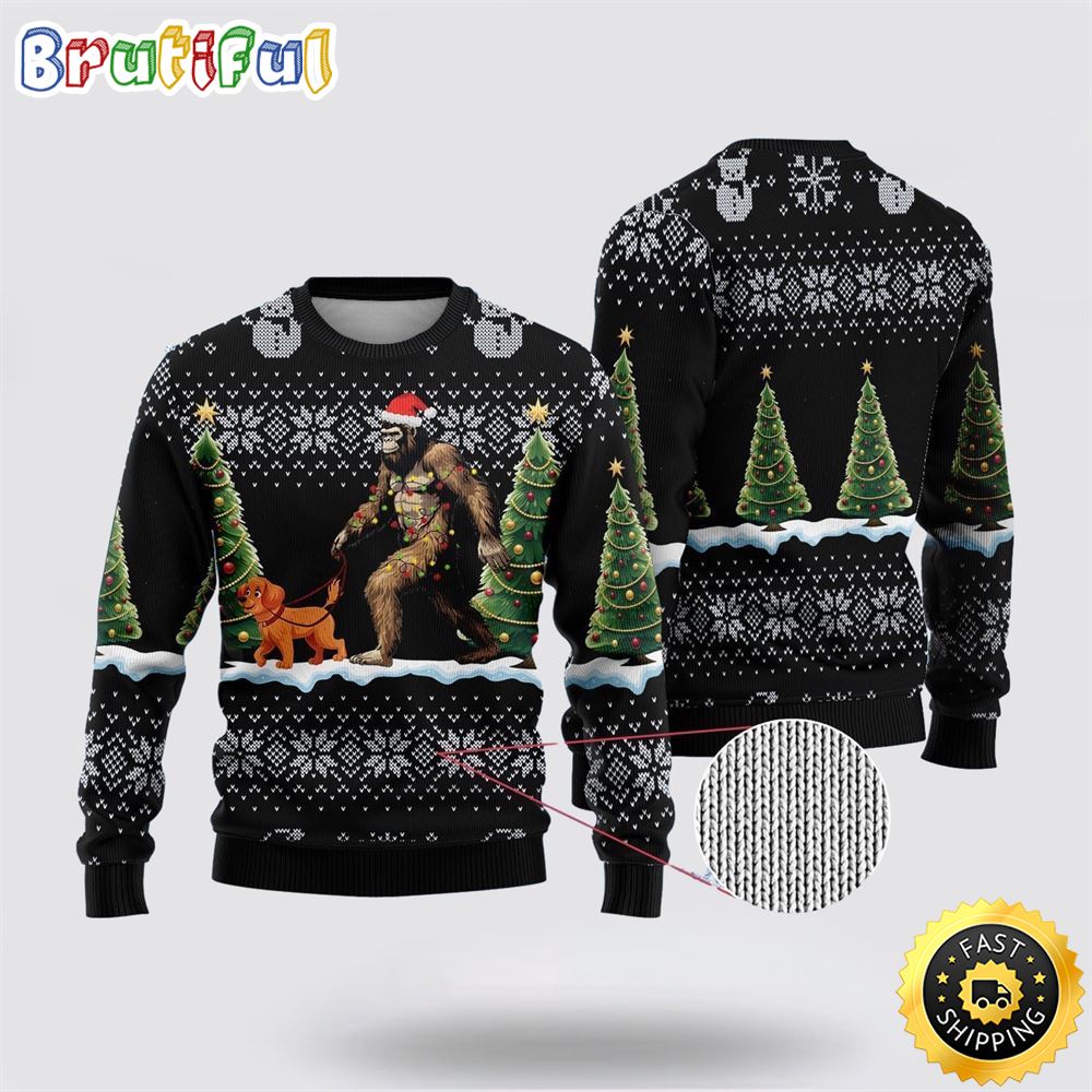 Bigfoot Christmas Dog Black Pattern Ugly Christmas Sweater 1 ssvzb3
