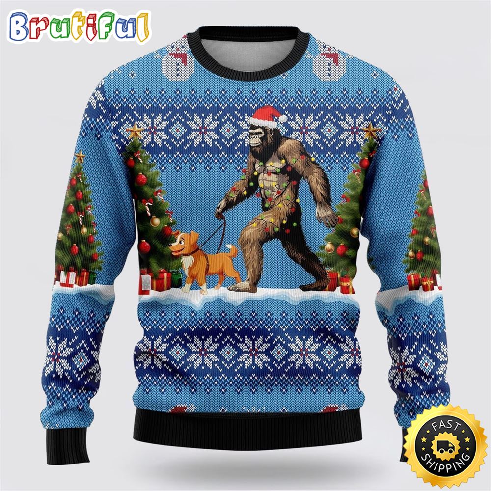 Bigfoot Christmas Dog Ugly Christmas Sweater 1 nu5lan