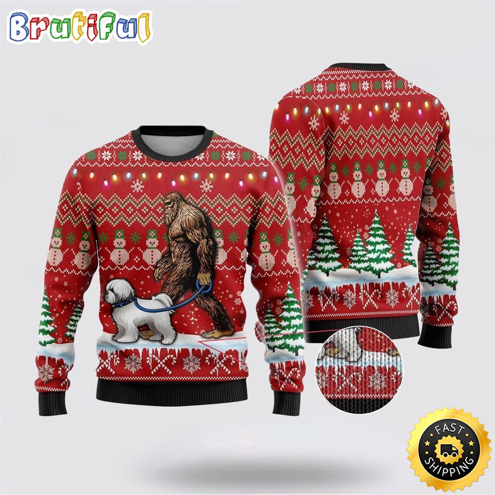 Bigfoot Goes To Spend Christmas With Bichon Frise Ugly Christmas Sweater 1 sokf2c