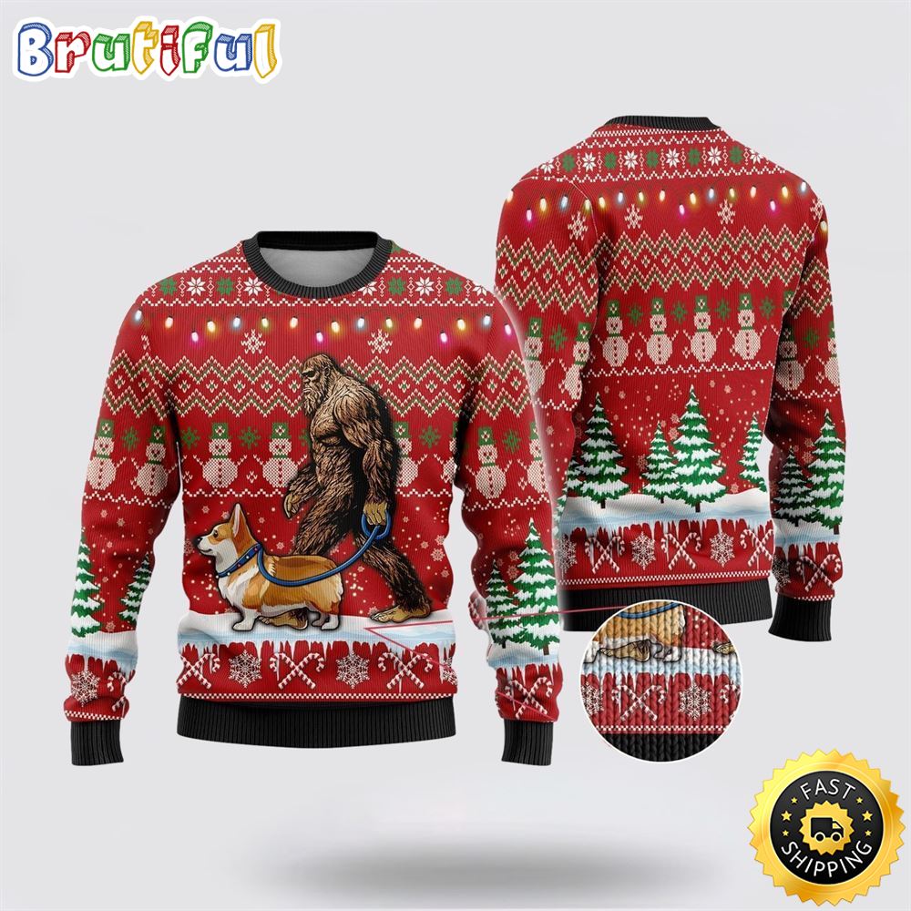 Bigfoot Goes To Spend Christmas With Corgi Ugly Christmas Sweater 1 dt3xto