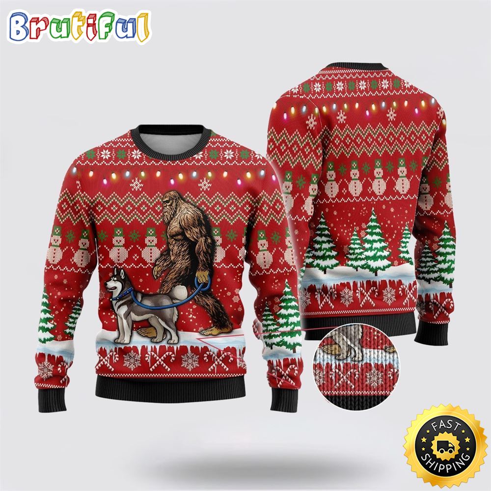 Bigfoot Goes To Spend Christmas With Doberman Ugly Christmas Sweater 1 mkw2fx