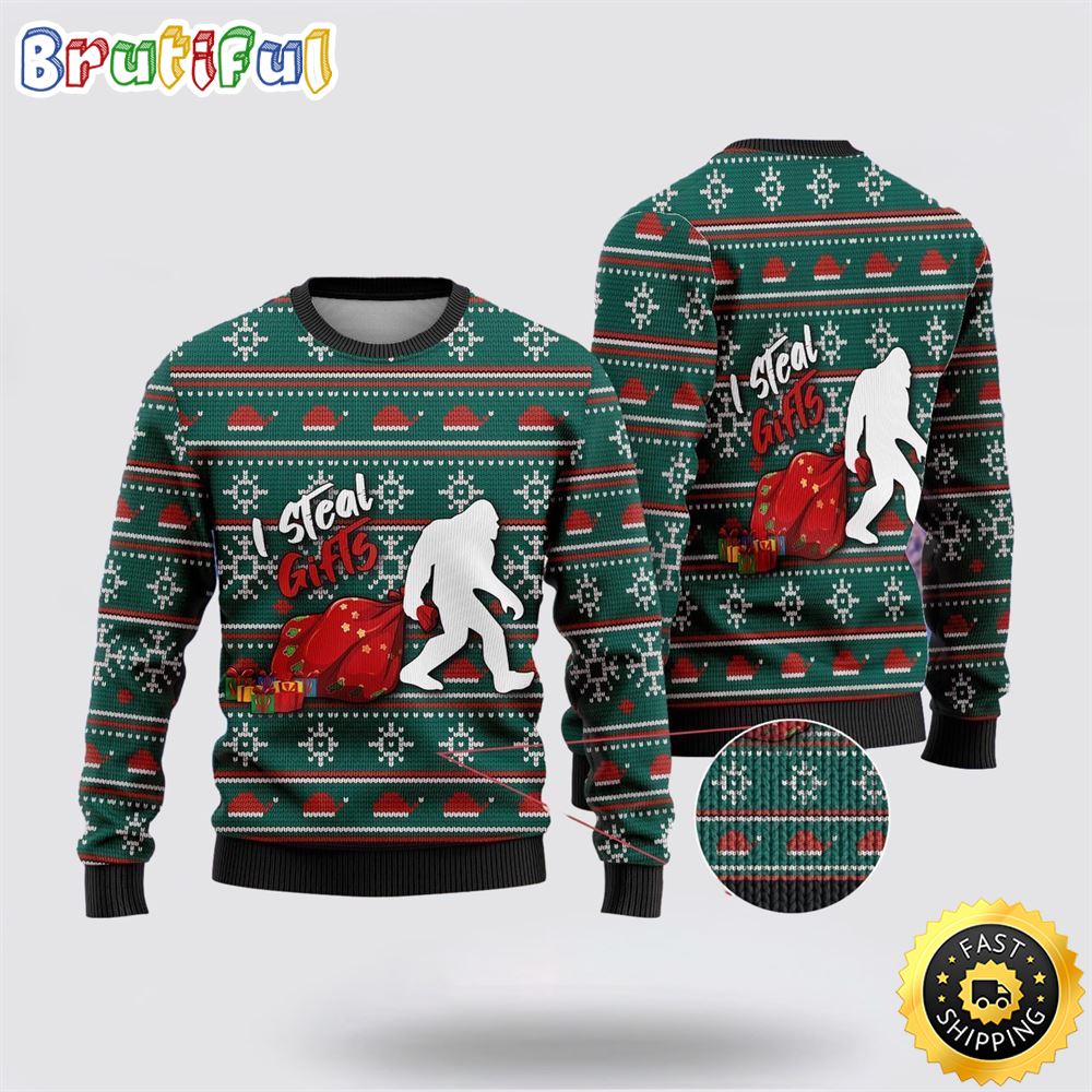 Bigfoot I Steal Gifls Ugly Christmas Sweater 1 yjplpr