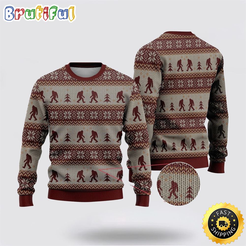 Bigfoot Red And Gray Pattern Ugly Christmas Sweater 1 ye9s6h