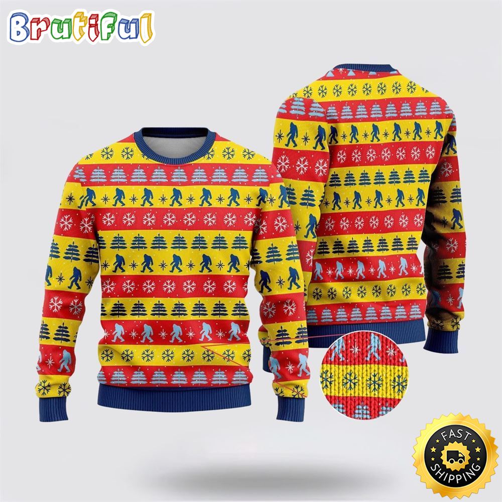 Bigfoot Red And Yellow Pattern Ugly Christmas Sweater 1 ebkwjj