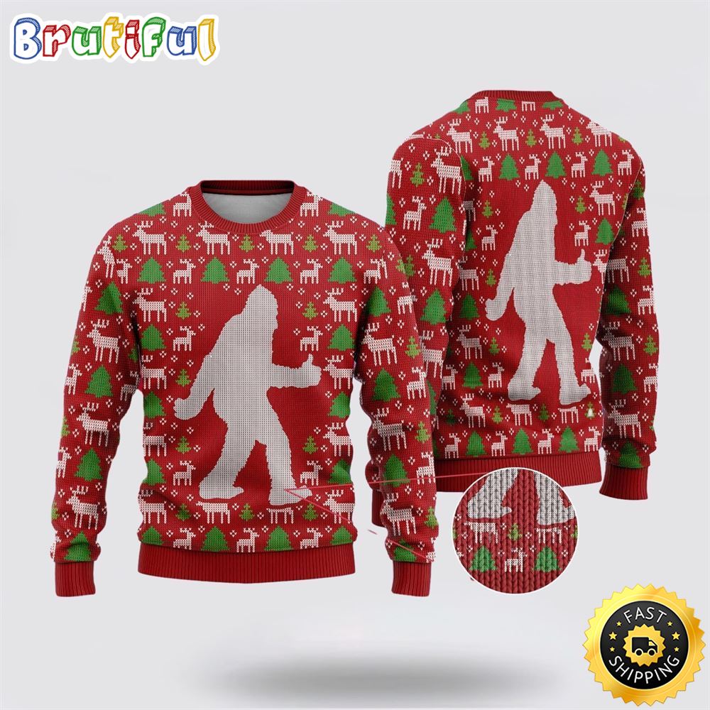 Bigfoot Reindeer And Pine Tree Motifs Ugly Christmas Sweater 1 nul4yf
