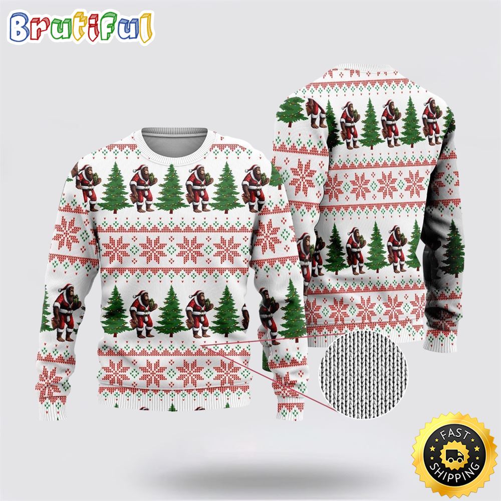 Bigfoot Santa Claus And Pine Tree Ugly Christmas Sweater 1 lrrkx3