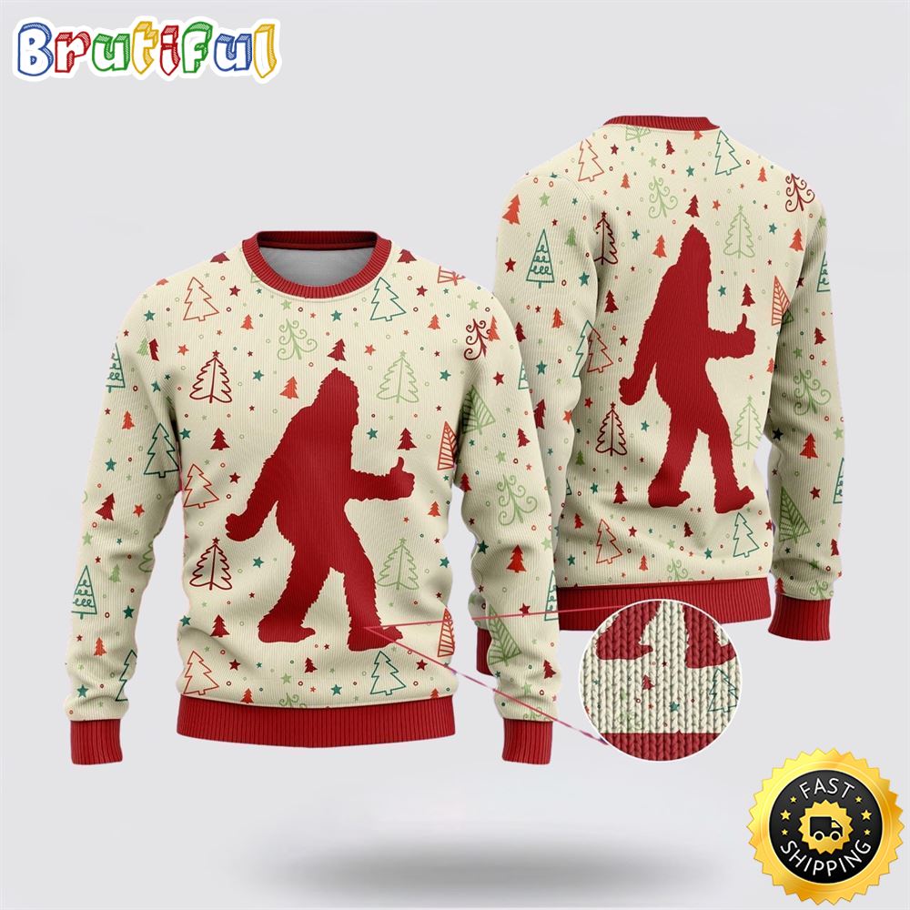 Bigfoot Sasquatch Funny White Pattern Ugly Christmas Sweater 1 irvrl3