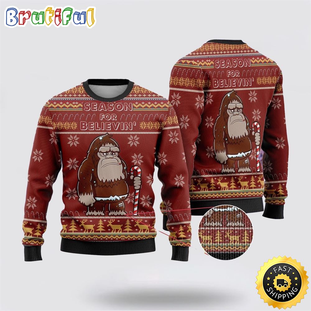 Bigfoot Season For Believin Red Pattern Ugly Christmas Sweater 1 kyjqyf
