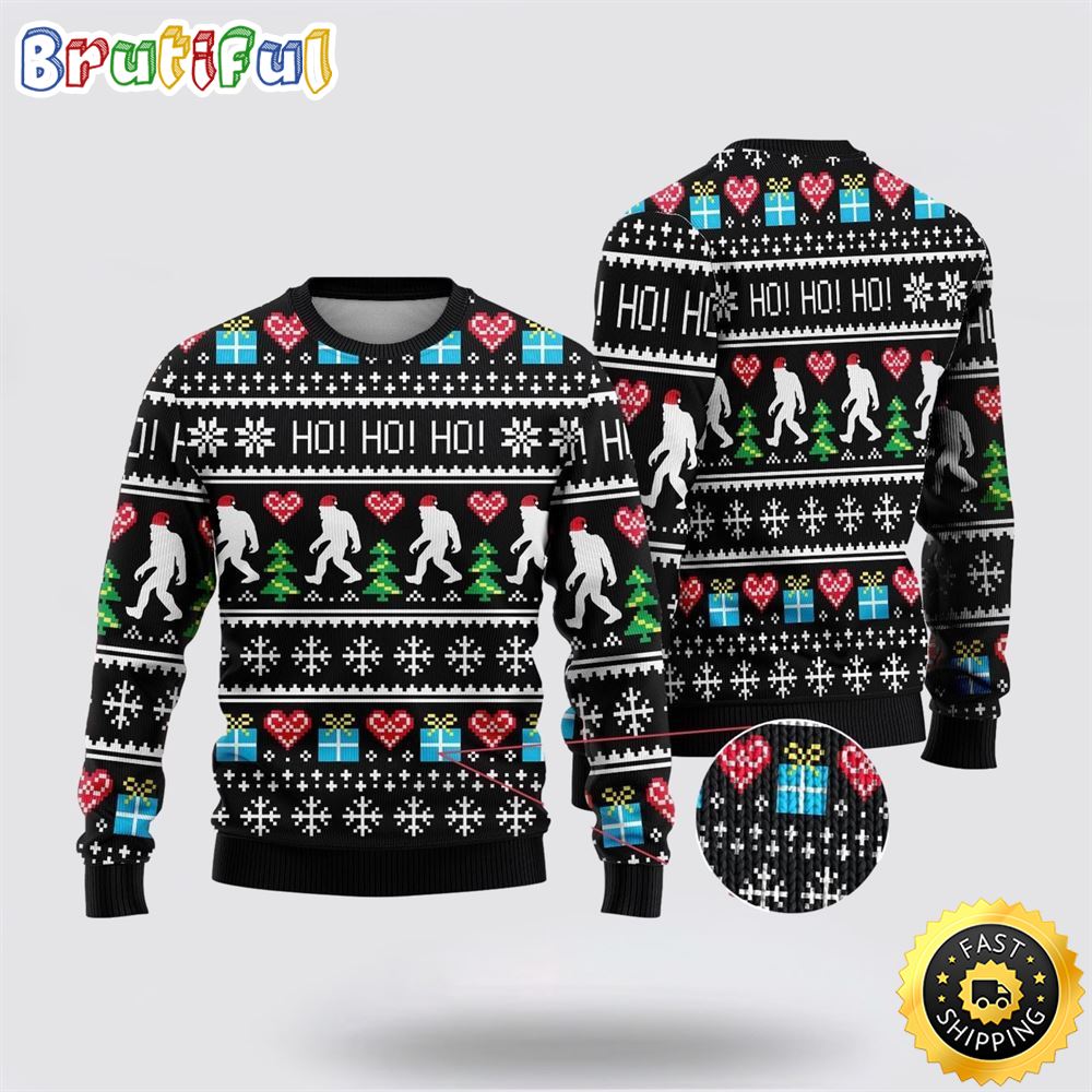 Bigfoot Secret Gift Ho Ho Ho Ugly Christmas Sweater 1 mhmvza