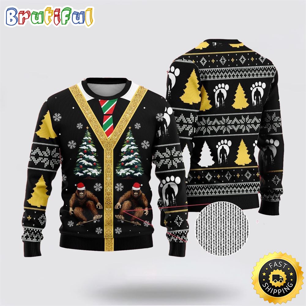 Bigfoot Skateboarding Black Pattern Ugly Christmas Sweater 1 uw4rjo