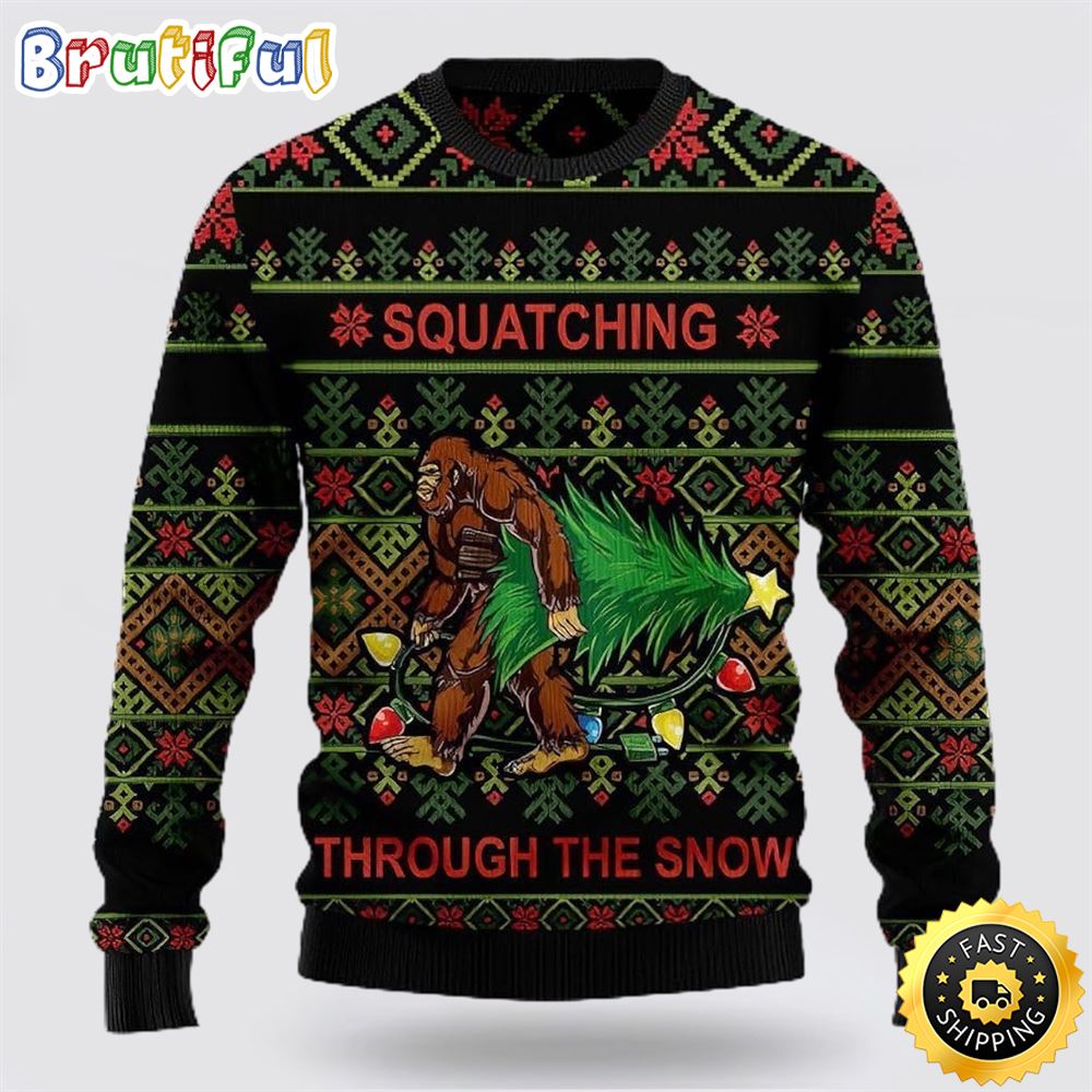 Bigfoot Snow Ugly Christmas Sweater 1 kbxdko