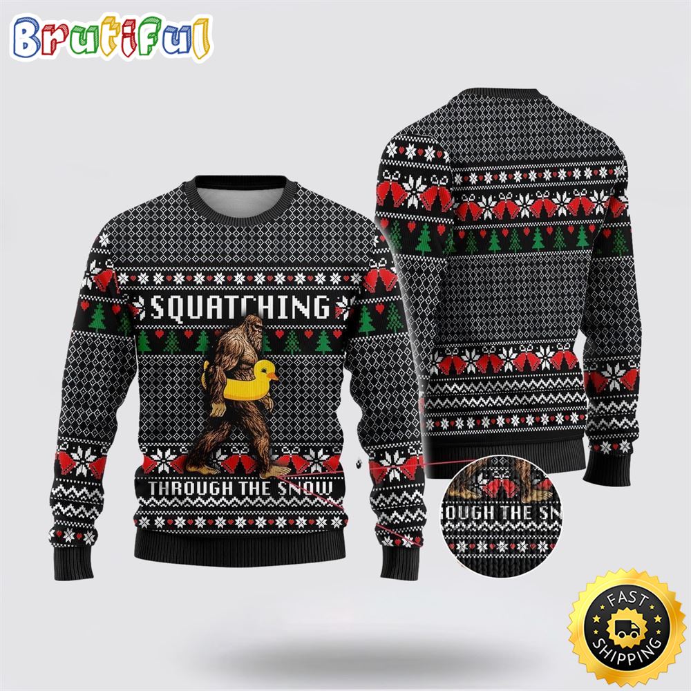 Bigfoot Squatching Duck Ugly Christmas Sweater 1 qxlplx