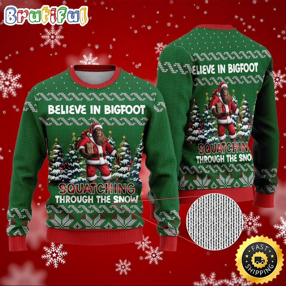 Bigfoot Squatching Through The Snow Ugly Christmas Sweater 1 jvehnx