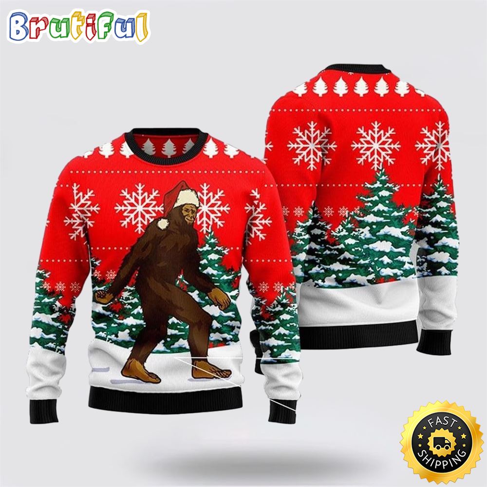 Bigfoot Walks Through The Christmas Pine Forest Ugly Christmas Sweater 1 n3o1gb