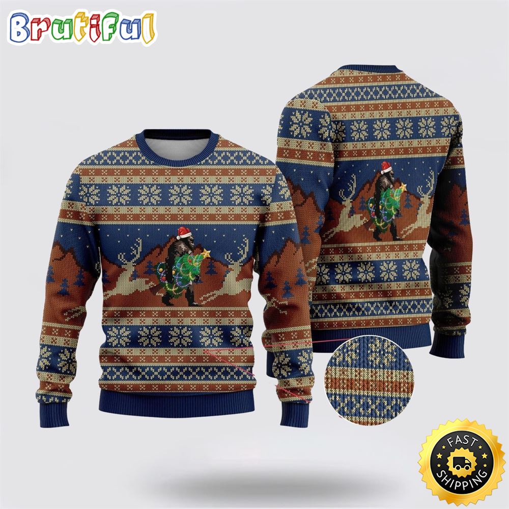 Bigfoot Wearing Christmas Hats Ugly Christmas Sweater 1 iir15f