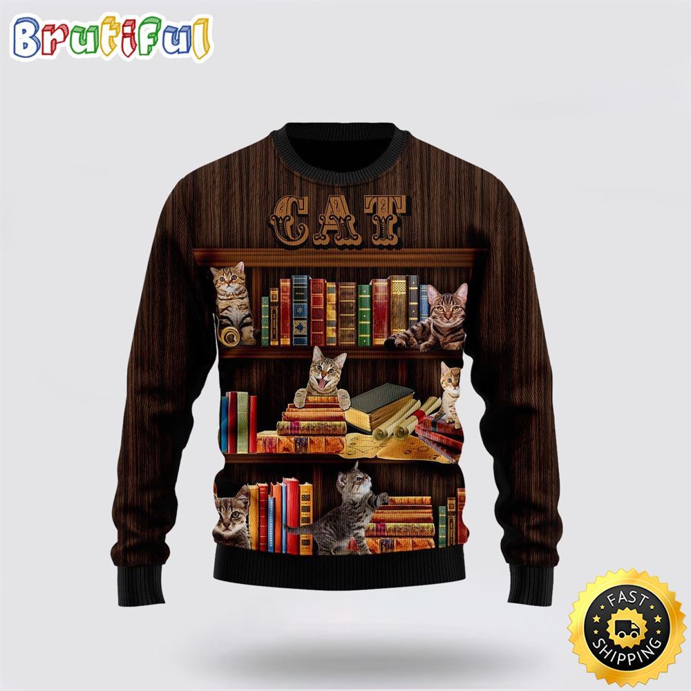 Cat Bookcase Ugly Christmas Sweater Perfect Christmas Gift For Cat Lover 1 mfiytl