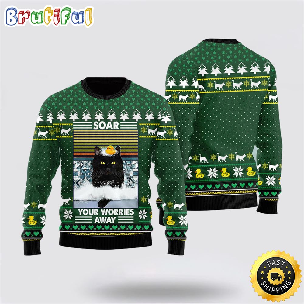 Funny Black Cat Soar Your Worries Away Ugly Christmas Sweater Perfect Christmas Gift For Cat Lover 1 eczyic