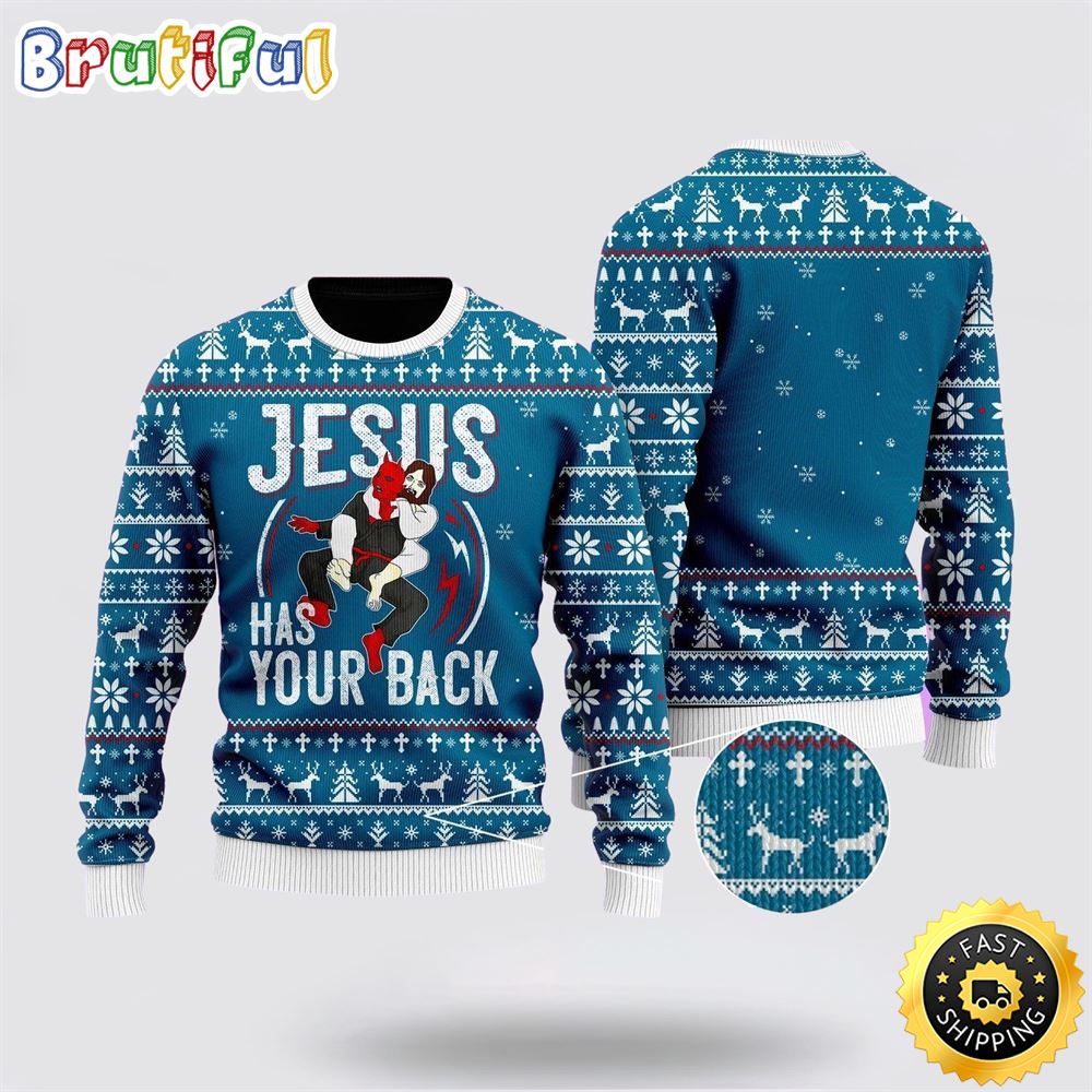 Funny Jesus Has Your Back Jiu Jitsu Ugly Christmas Sweater Gifts For Christian Families 1 yf50pb