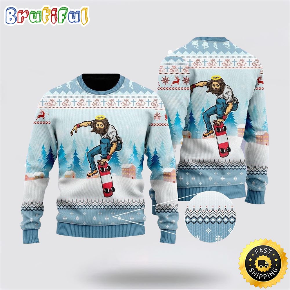 Funny Jesus Skateboarding Christmas Ugly Christmas Sweater Gifts For Christian Families 1 cw1nrv