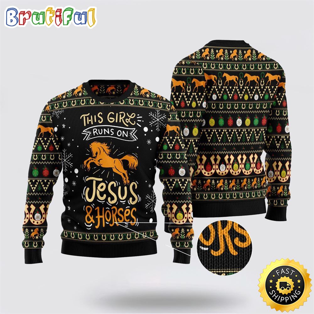 Girls Run On Jesus And Horses Ugly Christmas Sweater Gifts For Christian Families 1 prfgtg